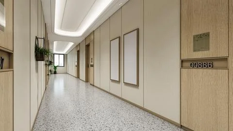Modern Empty Hospital Corridor with Bright Lighting and Medical Vibe Ilustración de archivo