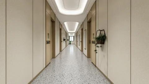 Modern Empty Hospital Corridor with Bright Lighting and Medical Vibe Ilustración de archivo