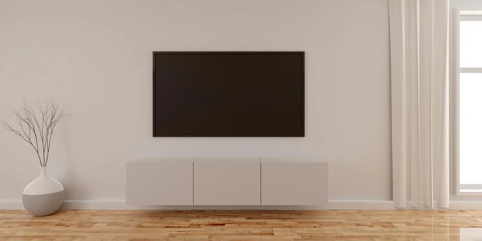 Modern empty interior room with large tv flat screen on white wall backgrou.. Stock Illustration