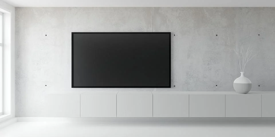 Modern empty interior room with large tv flat screen on concrete wall backg.. Stock Illustration