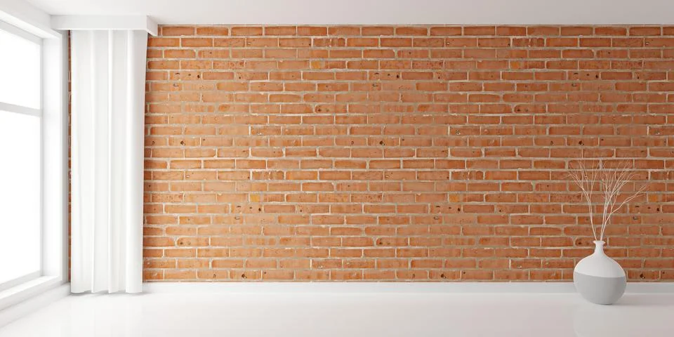 Modern empty interior room with white floor and red brick wall background, .. Ilustración de archivo