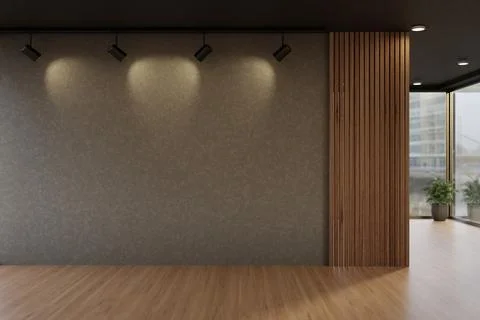 Modern Empty Interior Wall with Wooden Panel and Spotlights Stock Illustration