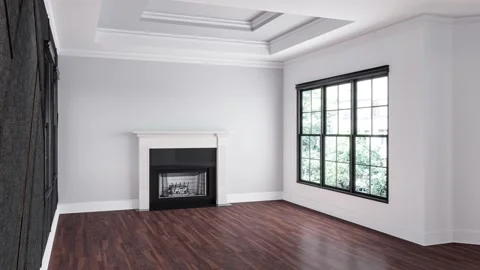 Modern Empty Living Room with Fireplace and Large Windows Video Stock Footage 334299821