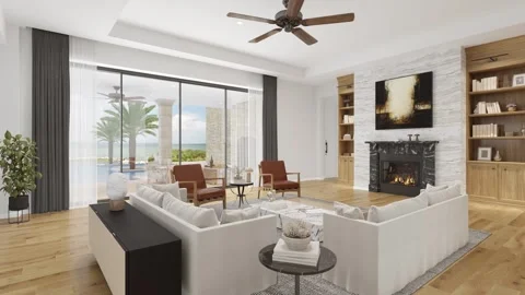 Modern Empty Living Room Interior with Fireplace and Natural Light Stock Footage 334275079
