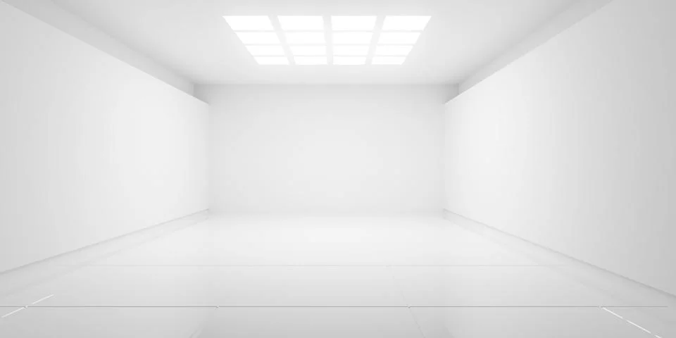 Modern empty minimal white room or gallery with ceiling light grid and inse.. Ilustración de archivo