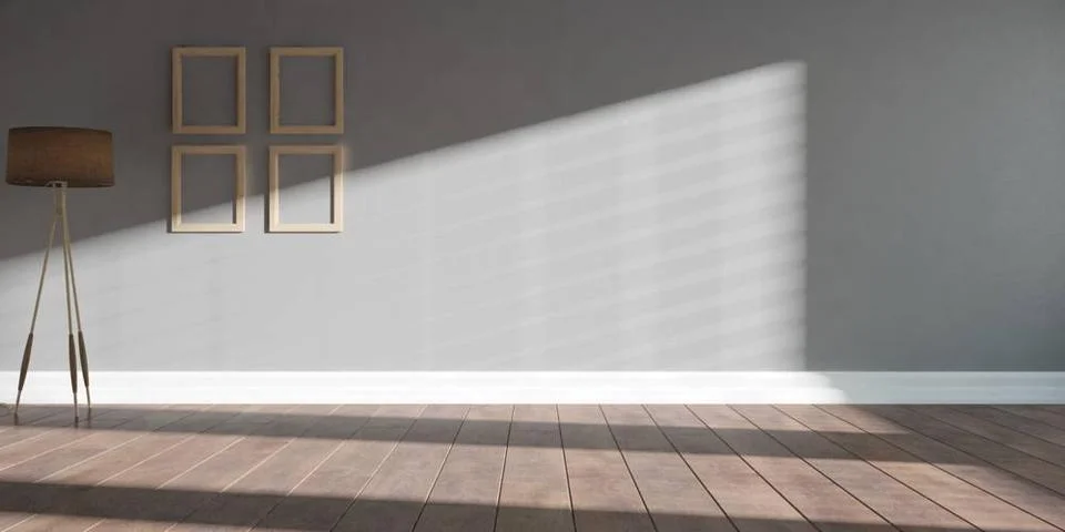 Modern empty room with wood frames and lamp.jpg Modern interior design. 3D... Stock-Fotos