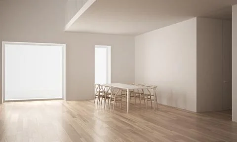 Modern empty space with table and chairs, loft, white architecture interior d Ilustración de archivo