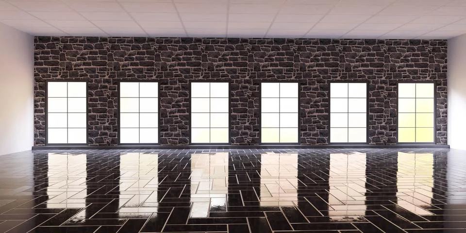 Modern empty studio interior with brick wall and glossy tile floor 3d render Stock Illustration