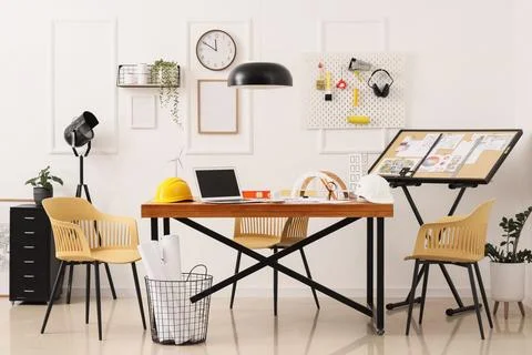 Modern engineering and architecture office workspace with drafting table, lap Stock Photos