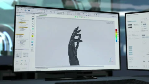 Modern engineering software produces models of cybernetic electronics arm Stock Footage 234420387