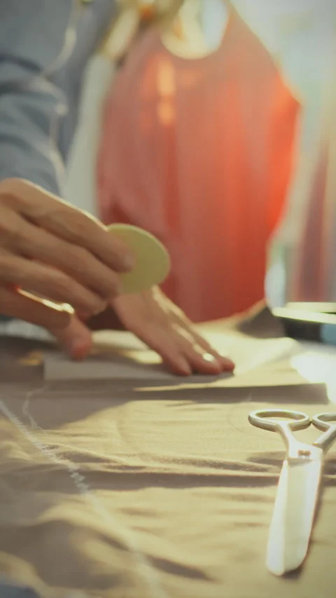 Modern entrepreneur creates clothing patterns using fabric at a design studi Stock Footage 331666997