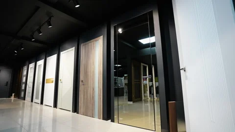 Modern Entry Door Showroom with Durable Designs Stock Footage 295967231