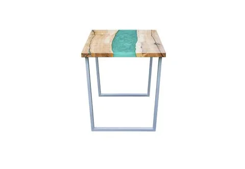Modern epoxy dining table on white background. Side view. Interior Stock Photos