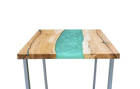 Modern epoxy dining table on white background. Side view. Interior Stock Photos