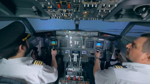 Modern equipment in a plane cockpit, close up. Stock Footage