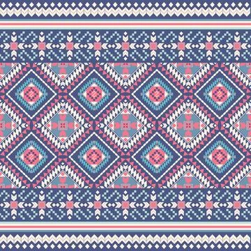 Modern Ethnic Geometric Fabric Pattern in Blue and Pink Tones Illustrazione stock