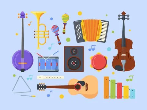 Modern ethnic musical instruments flat illustrations set Stock Illustration