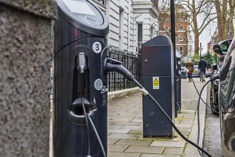 Modern EV Charging Points Installed on City Sidewalk. London, UK, 25 February Stock Photos