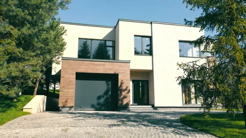 Modern exterior of the house. house with its own territory and large panoramic Stock Footage 164788053