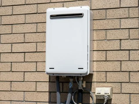 Modern external continuous flow gas water heater Foto stock
