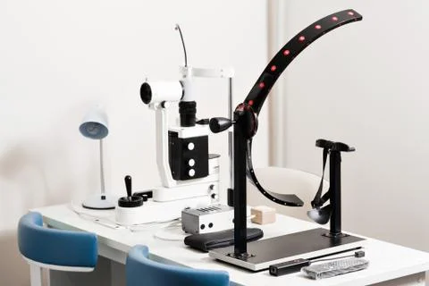 Modern eye testing device standing in the lab. Tonometer in ophthalmologist's Stock Photos
