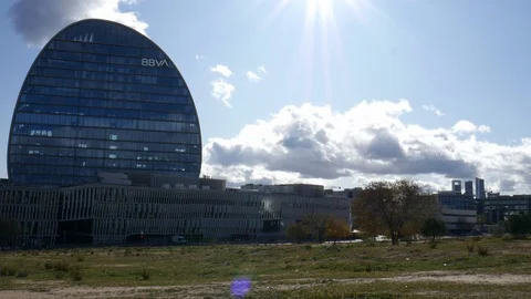 Modern facade of BBVA headquarters by Herzog and de Meuron in Las Tablas, Madrid Stock Footage 120249583