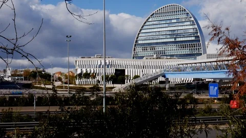 Modern facade of BBVA headquarters by Herzog and de Meuron in Las Tablas, Madrid Stock Footage 120249598