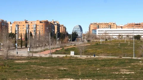 Modern facade of BBVA headquarters by Herzog and de Meuron in Las Tablas, Madrid Stock Footage 122642779