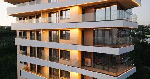 Modern facade building LED illumination light aerial view slide evening city Stock Footage 301875977