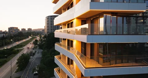 Modern facade building LED illumination light aerial view slide evening city Stock Footage 301876555