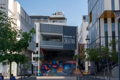 Modern facade with mural at Digital Creative City entrance, downtown Guadalajara 写真素材