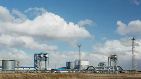 Modern facility with pipes and tower or powerful process area at the oil depot o Stock Footage 199487792