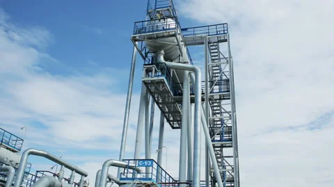 Modern facility with pipes or powerful process area at the oil depot or tank far Stock Footage 199487809