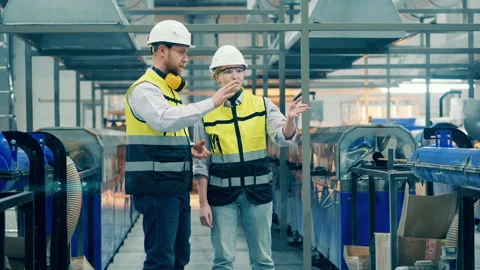 Modern factory facility, engineers working at industrial plant. Two factory Stock Footage 169626345