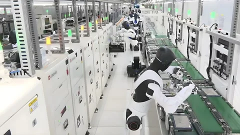 Modern Factory Floor with Humanoid Robots and Automated Production Line China Stock Footage 339256197