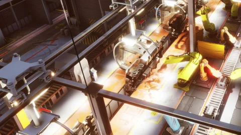 Modern factory floor shows assembly process during daytime hours Stock Footage 341005057