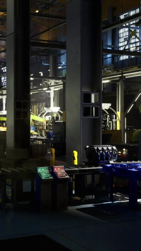 Modern factory interior showcasing advanced machinery in action at night Video stock 331833853