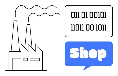 Modern Factory Outline with Binary Code and Shop Bubble Vector Art 库存插图