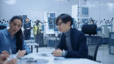Modern Factory: Project Manager, Engineer, Worker Walk Through High Tech Develop Stock Footage 124856211