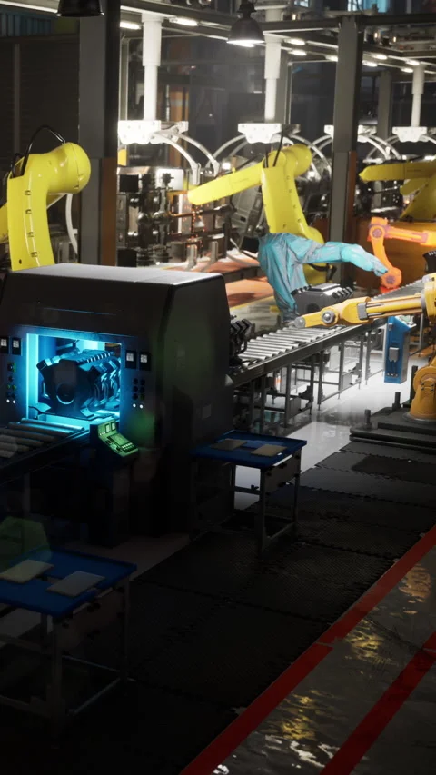 Modern factory with robotic arms assembling products in production line Stock Footage 342108344