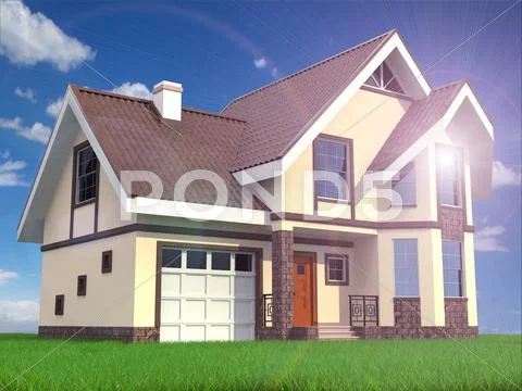 Modern family suburban home on grass and sky background. Stock Illustration