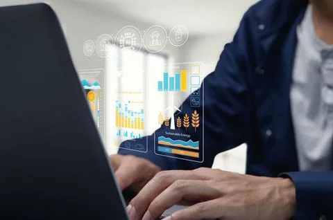 Modern Farm Technology Interface Displaying Sustainable Data Insights Stock Photos