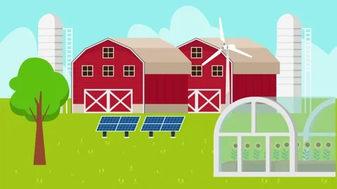 Modern farmhouse with solar panel and windmills Stock Footage 220243933