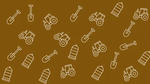 Modern farming pattern with tractor and garden tool icons on brown background Stock Footage 344875519