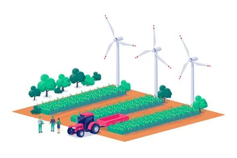 Modern farmland using renewable wind turbines to produce elekctricity Stock Illustration