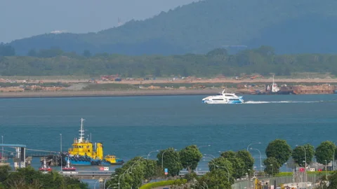 Modern ferry and tug ship near Singapore coast Stock Footage 334698292