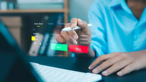 Modern fintech trading interface with hand using digital pen for buy sell i.. Stock Photos