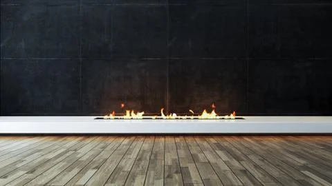 Modern fireplace design idea with dark concrete wall and wood parquet veneer Stock Illustration