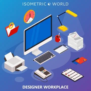 Modern flat 3d isometric concept of workplace with computer and office equipm Stock Illustration