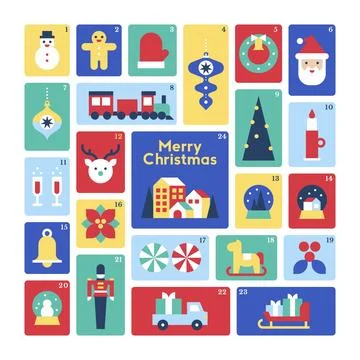 Modern Flat Advent Calendar with Cute Christmas Icons Santa Train Snowman T.. 스톡 일러스트
